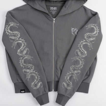 Dragonbind Cropped Zip Hoodie - Grey